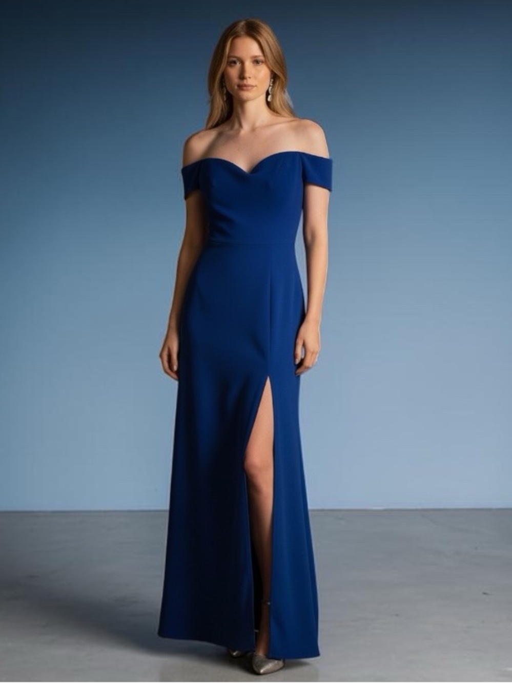 Windsor Off-Shoulder Cobalt Blue Evening Gown High Slit Sweetheart Neckline